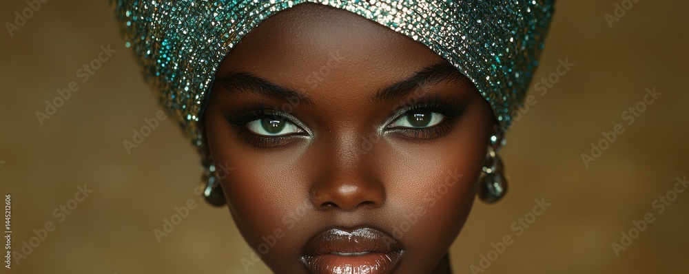 Elegant portrait of a model wearing a sparkling headpiece and dramatic makeup