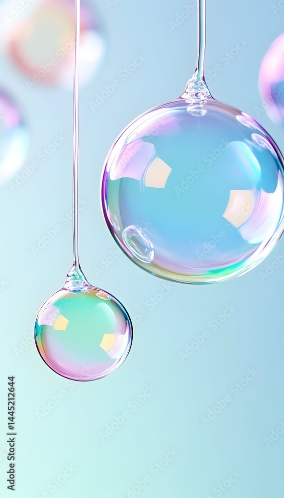 Fototapeta premium Iridescent spheres hang suspended against a pale blue backdrop, showcasing an ethereal, otherworldly quality
