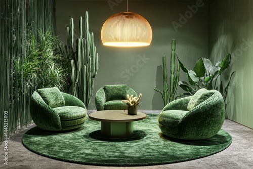 Obraz na płótnie Stylish modern interior with green chairs and lush plant decor w salonie