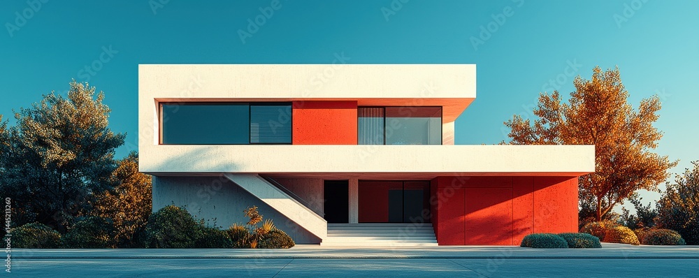 Modern architecture featuring a bold red and white minimalist house design