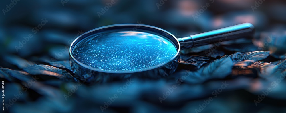 Magnifying glass highlighting sparkling details on dark textured surface in blue tone