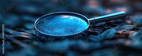 Obraz na płótnie Magnifying glass highlighting sparkling details on dark textured surface in blue tone w salonie