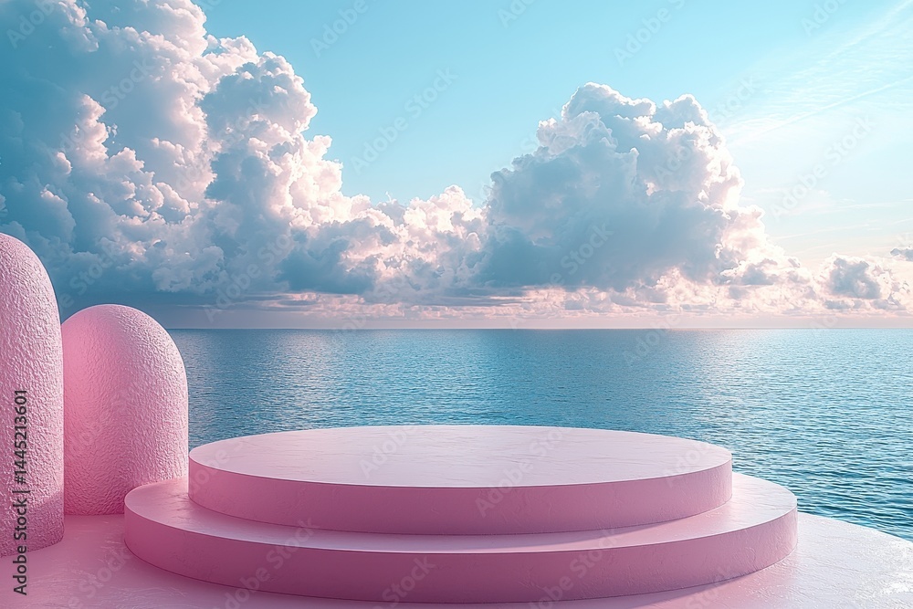 Minimalist pink podium overlooking the ocean under a clear blue sky