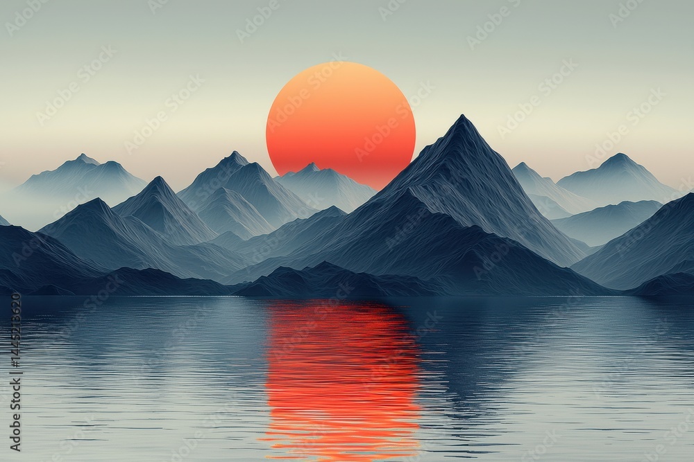 Minimalist illustration of mountains against a red sun and serene water surface