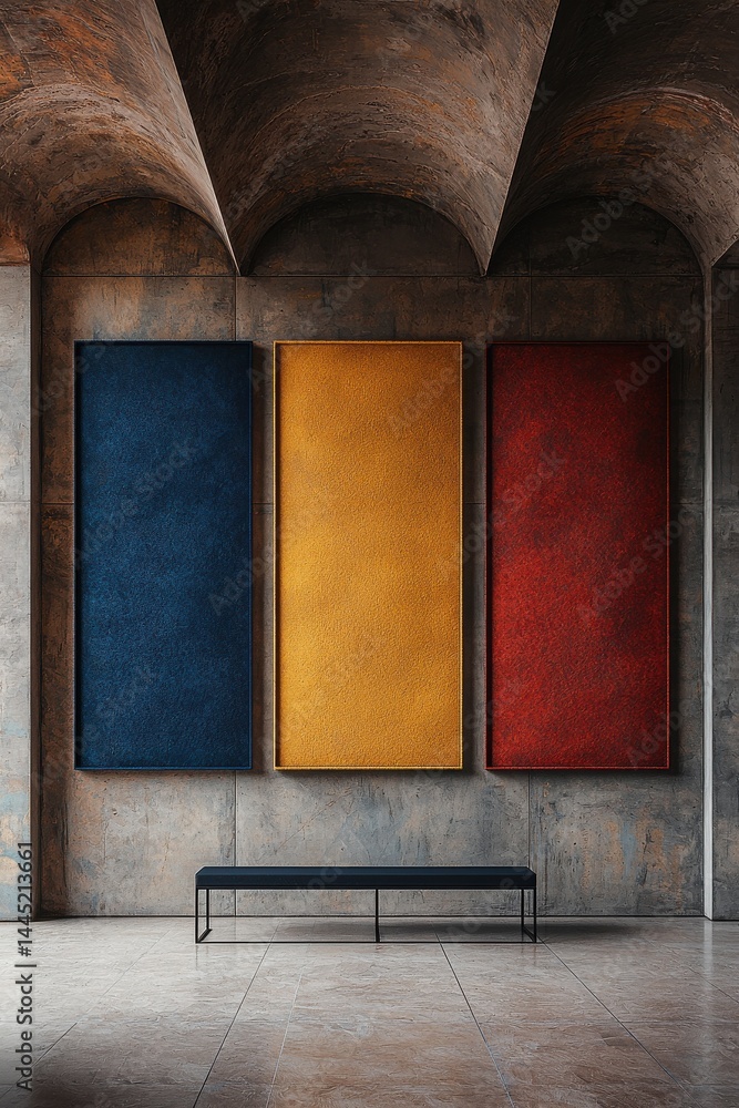Elegant minimalist interior with colorful geometric art panels on a textured wall