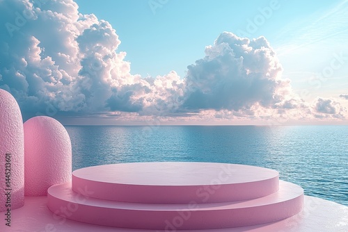 Obraz na płótnie Minimalist pink podium overlooking the ocean under a clear blue sky w salonie