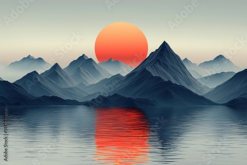 Obraz na płótnie Minimalist illustration of mountains against a red sun and serene water surface w salonie