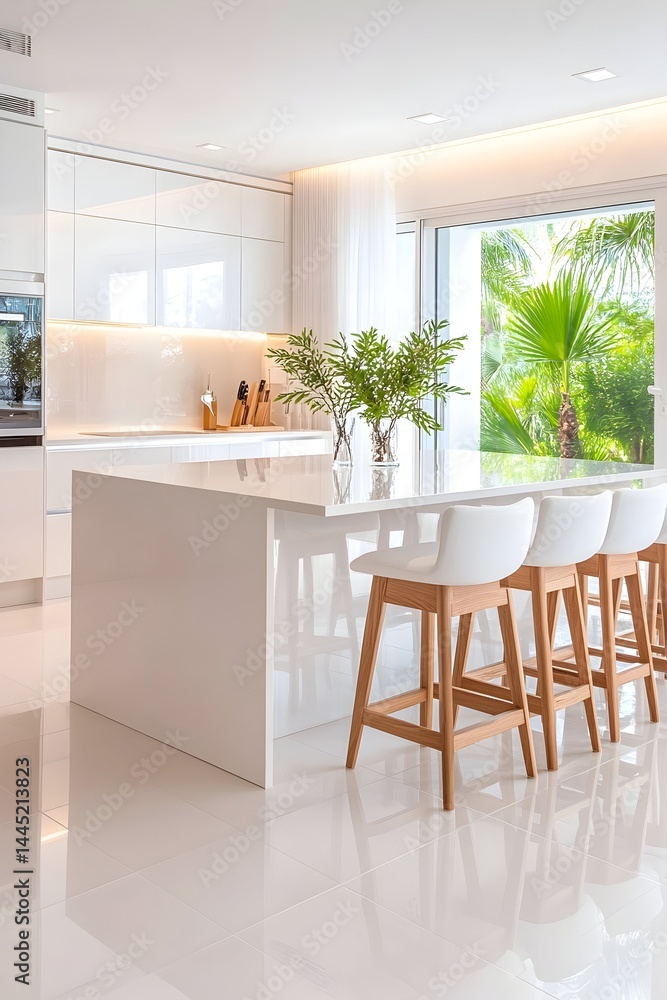 Fototapeta premium Modern white kitchen with island, seating, and large window offering tropical view