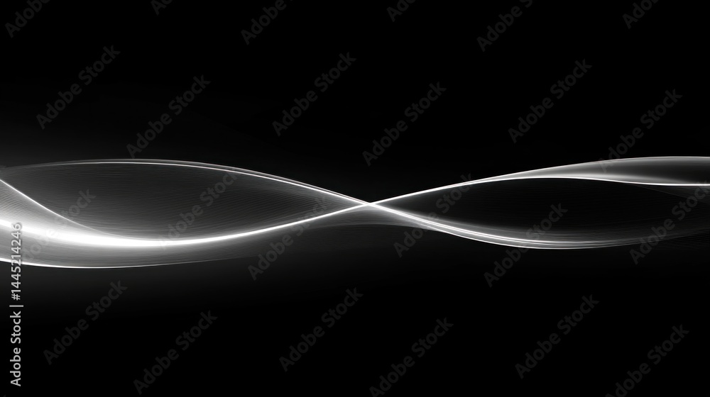 Abstract grayscale wave design flowing smoothly across a black background. Abstract grayscale wave design flowing smoothly across a black background.