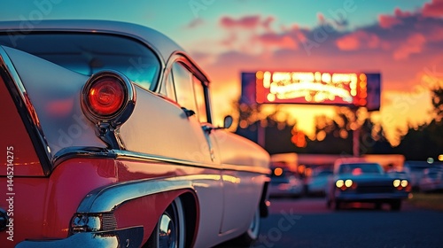 Retro coupe with white walls, vibrant paint job, parked at a vintage drive-in theater, DSLR camera, 35mm lens, sunset, nostalgic style, color film.