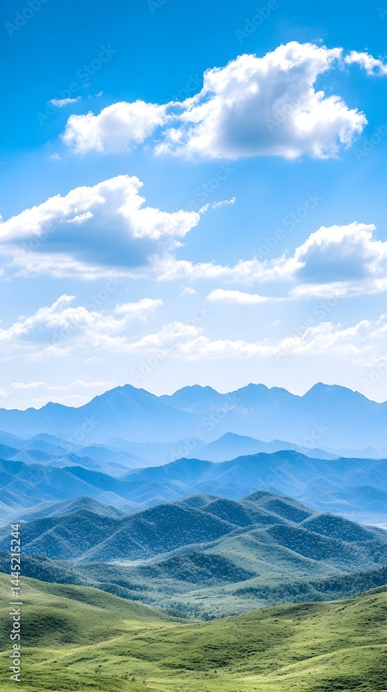 Rolling green hills meet hazy blue mountains under a vibrant, partly cloudy sky Rolling green hills meet hazy blue mountains under a vibrant, partly cloudy sky