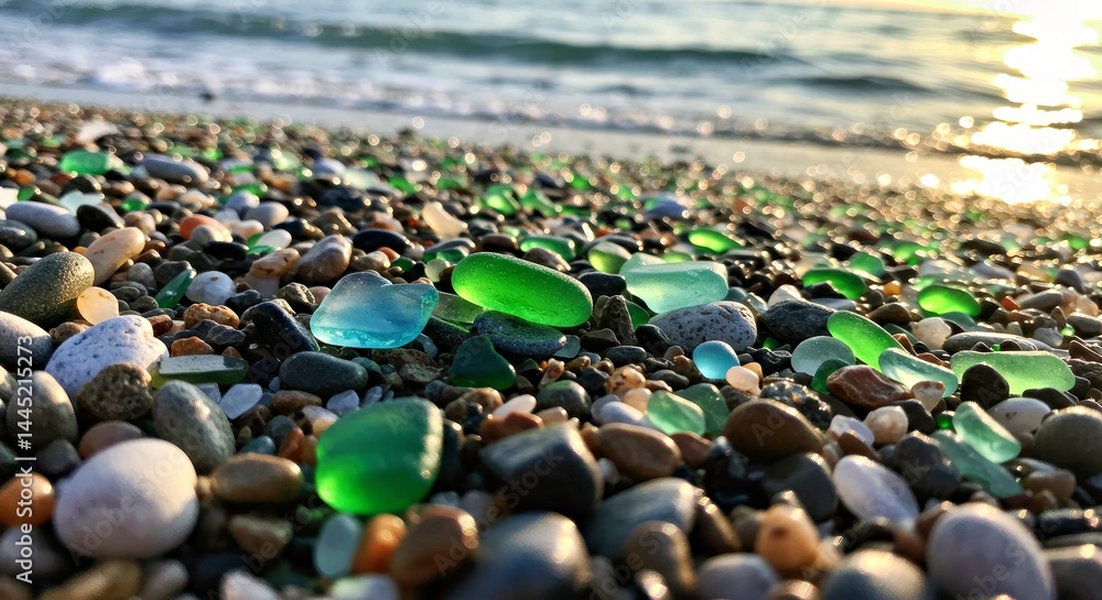 Obraz premium Colorful Polished Sea Glass Gemstones Stones on Sandy Beach Texture Seashore Treasure Background