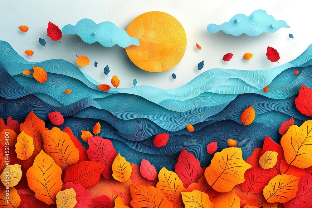 Colorful abstract landscape with yellow sun, blue waves, and vibrant autumn leaves