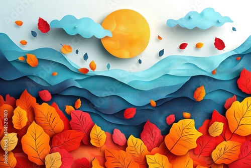 Obraz na płótnie Colorful abstract landscape with yellow sun, blue waves, and vibrant autumn leaves w salonie