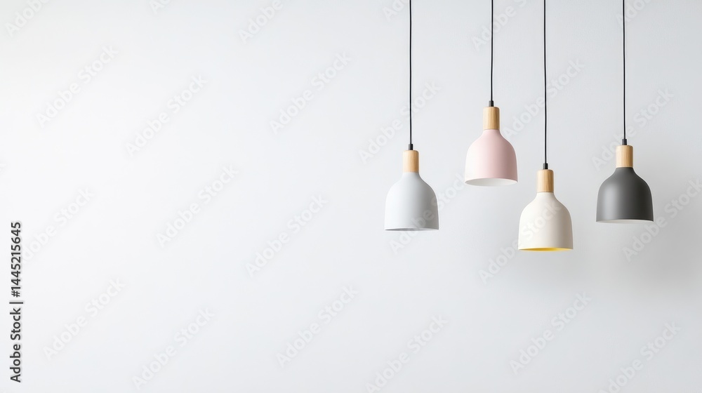 Modern pendant lights in pastel colors against a clean white wall Modern pendant lights in pastel colors against a clean white wall