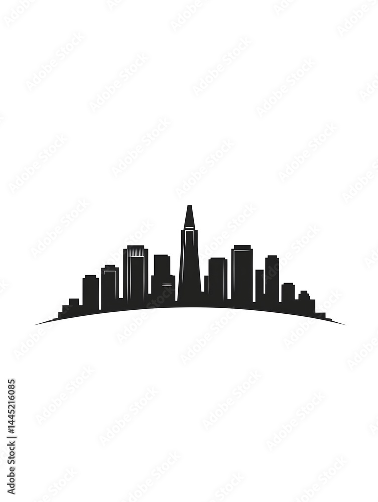 Fototapeta premium Sleek cityscape skyline silhouette, featuring a prominent skyscraper, set against a simple, curved base
