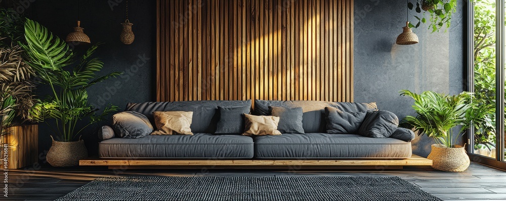 Modern living room with wooden accents and lush indoor plants