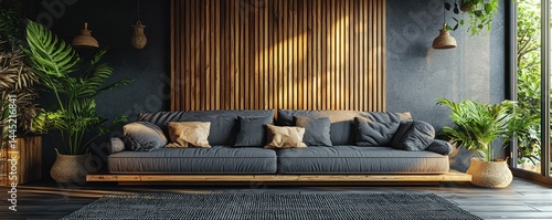 Obraz na płótnie Modern living room with wooden accents and lush indoor plants w salonie