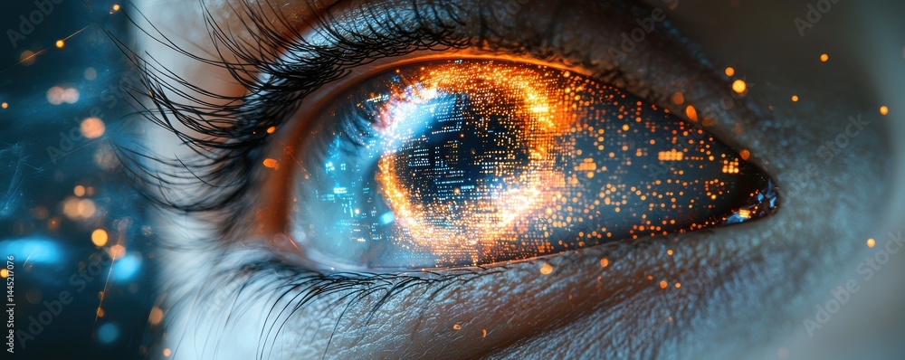 Close-up of a high-tech digital eye interface with glowing futuristic details
