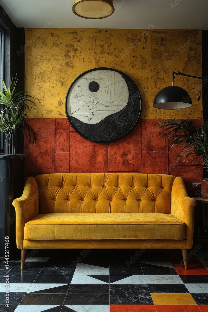 Retro-style living room with textured walls and vibrant yellow sofa