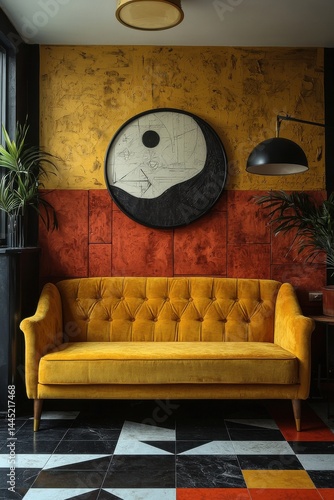 Retro-style living room with textured walls and vibrant yellow sofa
