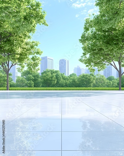 Tranquil urban park scene with lush greenery and modern cityscape in background, reflected on a smooth paved area