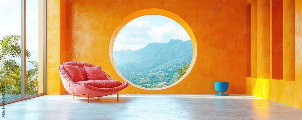 Modern vibrant interior with mountain view through large circular window