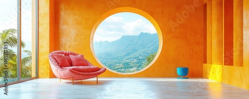 Obraz na płótnie Modern vibrant interior with mountain view through large circular window w salonie