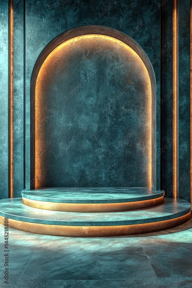 Teal and gold arched design with glowing modern architectural backdrop