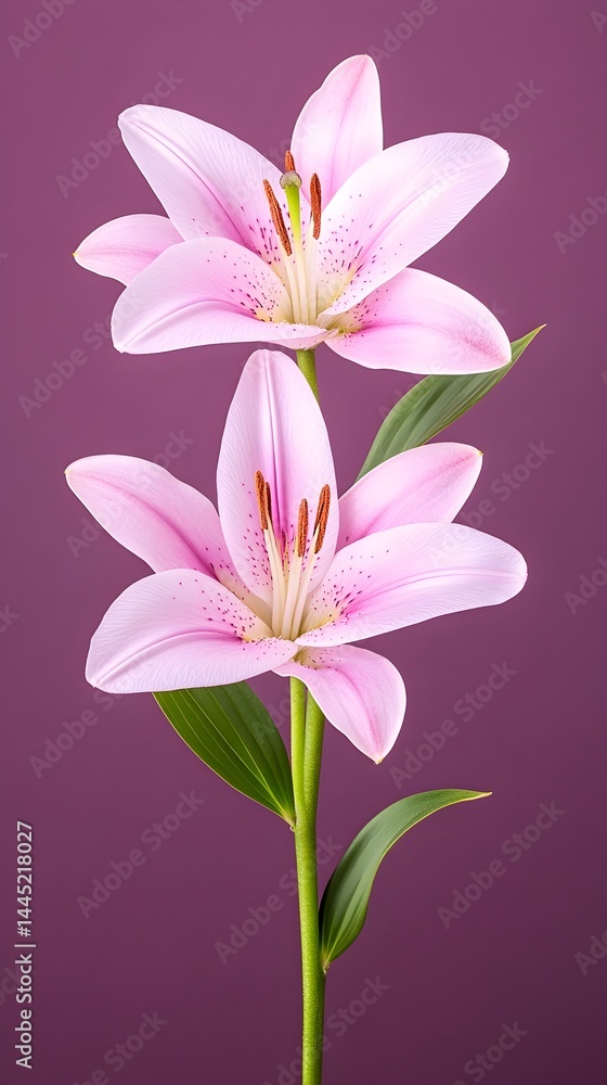 Two pale pink lilies on a single stem against a deep purple background Two pale pink lilies on a single stem against a deep purple background