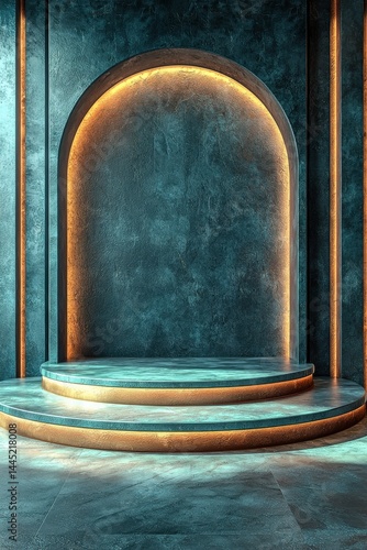 Obraz na płótnie Teal and gold arched design with glowing modern architectural backdrop w salonie