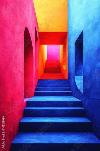 Vividly colored surreal architectural staircase with warm and cool tones
