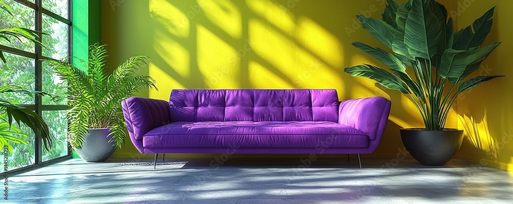 Purple sofa in a bright modern interior with yellow walls and green plants