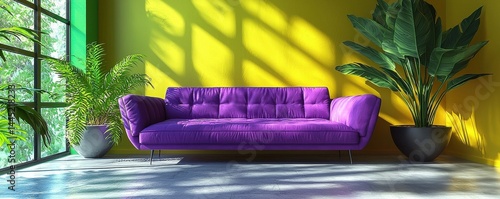 Obraz na płótnie Purple sofa in a bright modern interior with yellow walls and green plants w salonie