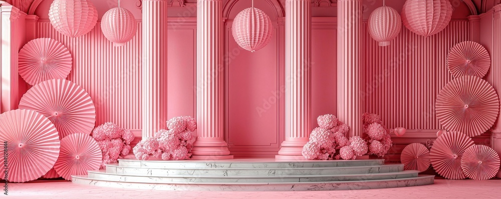 Elegant pink background with decorative circular elements and classical columns