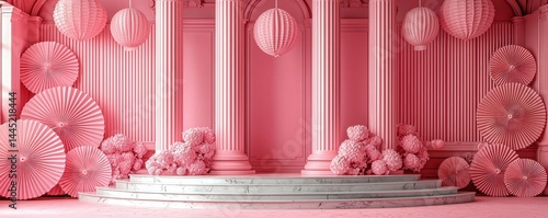 Obraz na płótnie Elegant pink background with decorative circular elements and classical columns w salonie