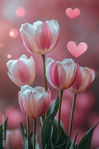 Beautiful white tulips with pink hearts on a soft background