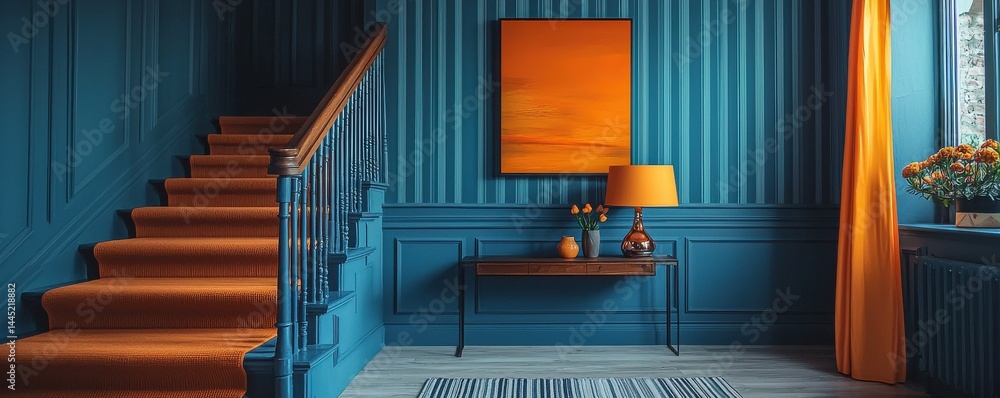 Elegant staircase with orange and blue decor in a modern interior