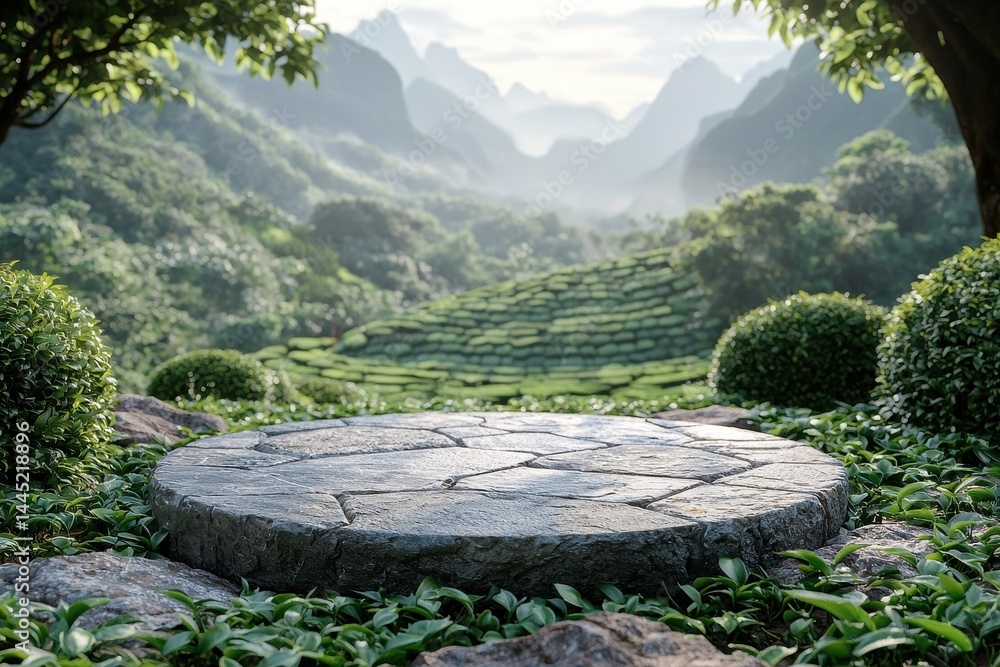 Stone podium amidst natural greenery in a serene mountain valley