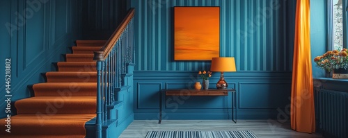Obraz na płótnie Elegant staircase with orange and blue decor in a modern interior w salonie