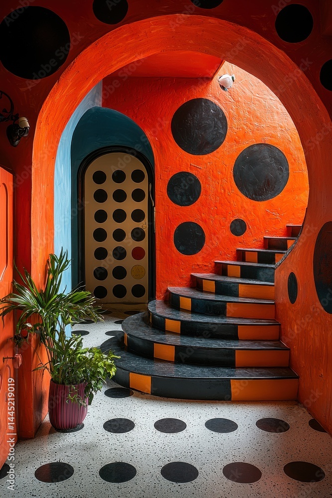 Colorful interior hallway with bold polka dots and artistic stair design