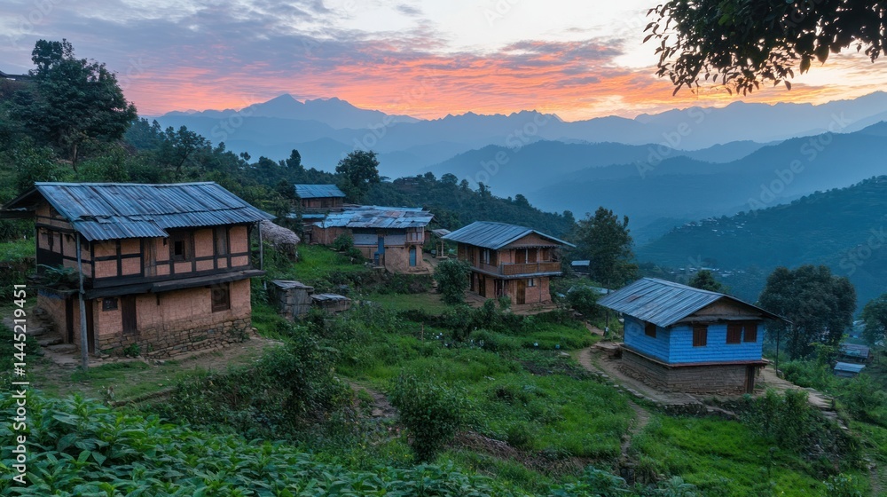 Sunrise over Himalayan Village Houses Sunrise over Himalayan Village Houses
