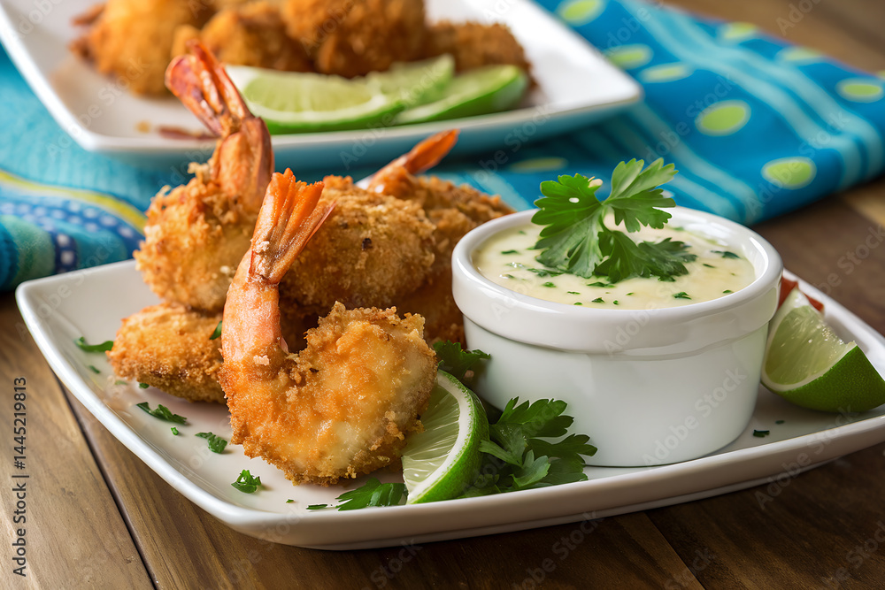 Delicious Crispy Coconut Shrimp with Creamy Dipping Sauce and Lime Delicious Crispy Coconut Shrimp with Creamy Dipping Sauce and Lime