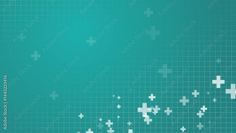 Healthcare medical cross pattern. Green mathematical plus symbols pattern. Scientific technology background with grid. Loop animated frame.