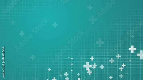 Healthcare medical cross pattern. Green mathematical plus symbols pattern. Scientific technology background with grid. Loop animated frame.