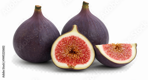 A photograph in a calm and picturesque landscape style, showing three figs against a transparent background. One of the figs is whole. Vector illustration