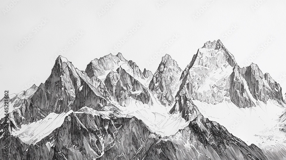 detailed ink drawing of alpine mountains using fine liner on plain white surface, showing texture and shading