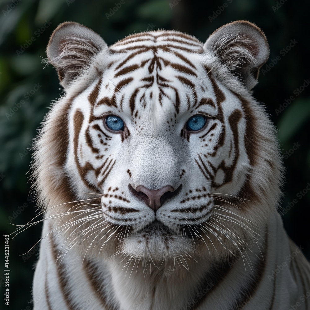 Fototapeta premium A majestic closeup of a White Bengal Tiger its rare white fur and piercing blue eyes creating a mesmerizing contrast 