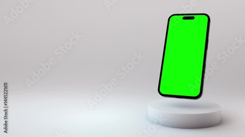 3D Smartphone Mockup with green screen and copy space and white backdrop.
