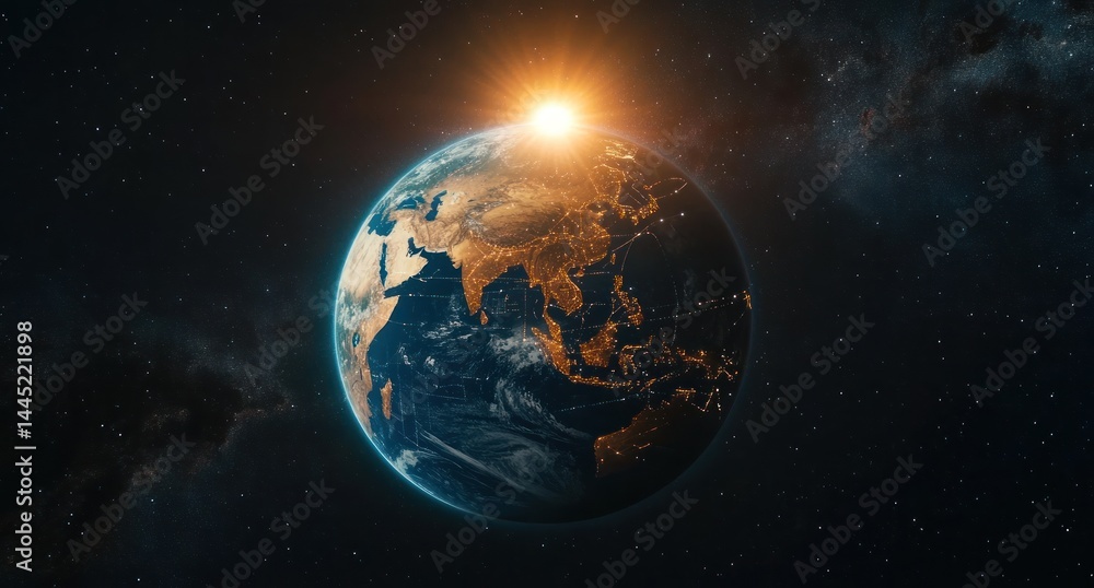 Naklejka premium Earth from space, sunrise over Asia